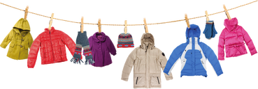 Picture of coats, hats, mittens, scarves hanging on a clothes line