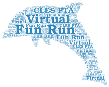 word art in a dolphin shape that says cles pta virtual fun run