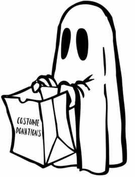 Picture of a ghost holding a bag that says: costume donations 